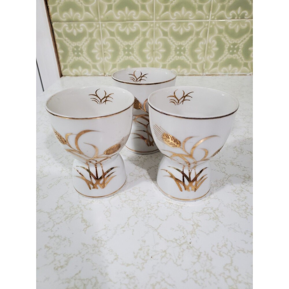 Lefton China Christmas Hand Painted 24k gold Double Egg Cups Lot of 3